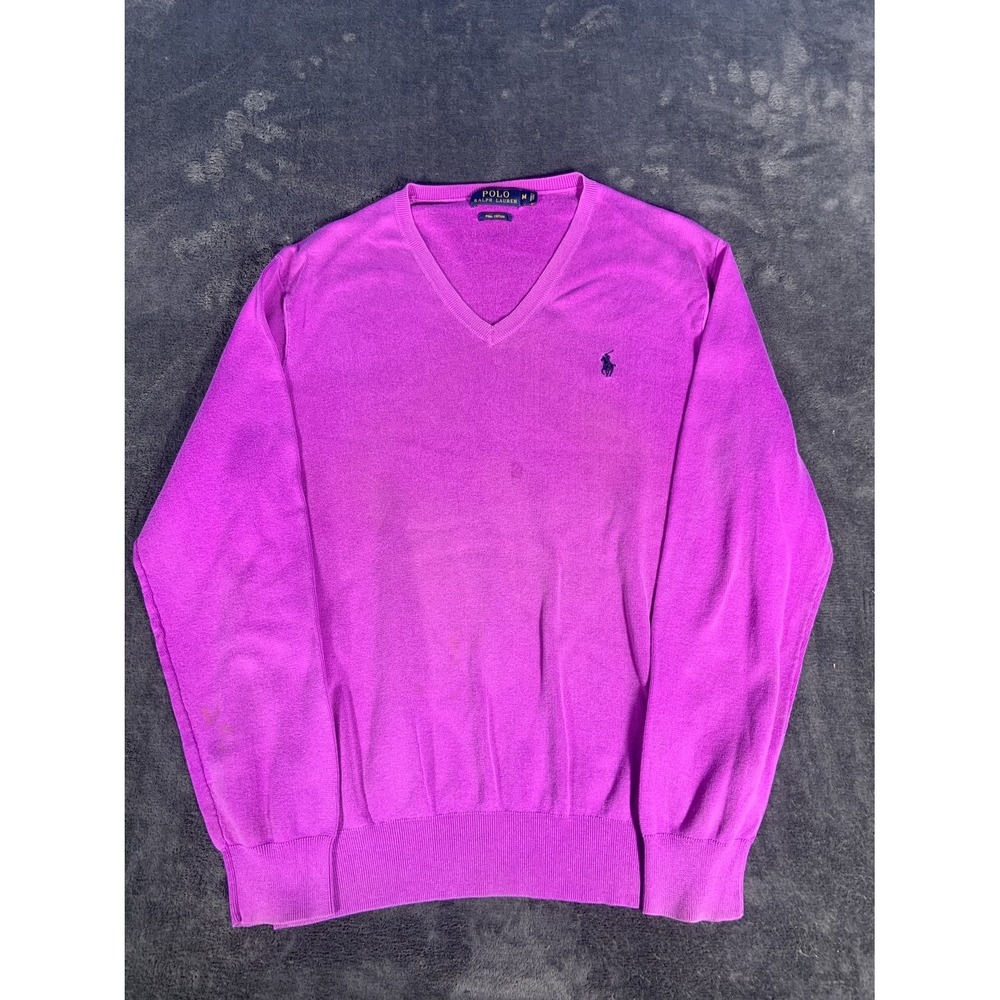 Polo Ralph Lauren Men M Purple Pima Cotton V-Neck Sweater Pullover Knit Pony